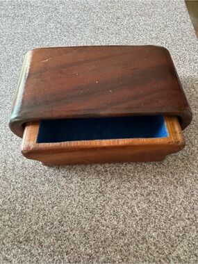 Vintage Handcrafted Wooden Jewelry Box with Blue Velvet Lining